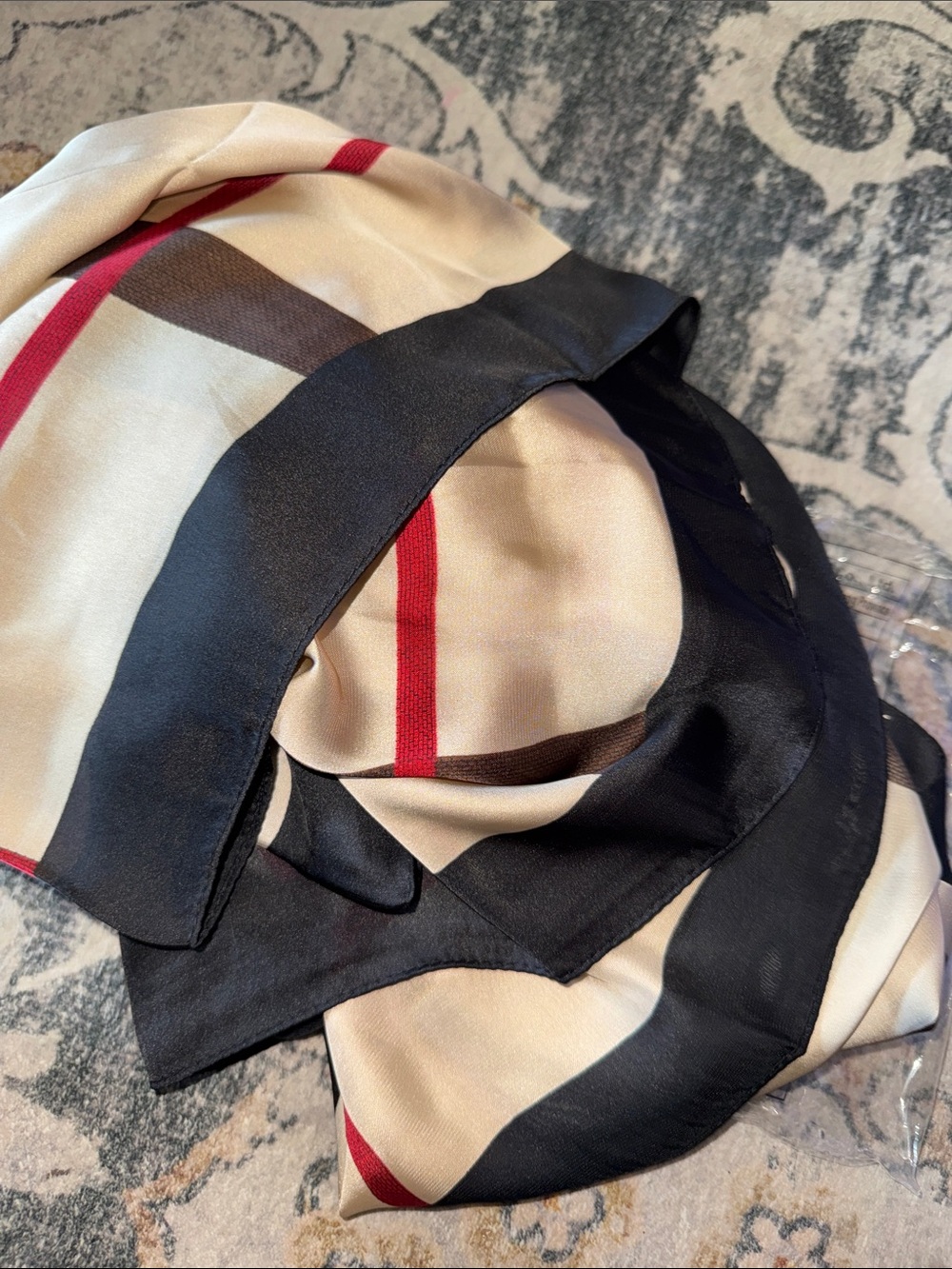 Fashion Silky Beige & Brown Plaid Scarf with Red Accent - Picture 4 of 4